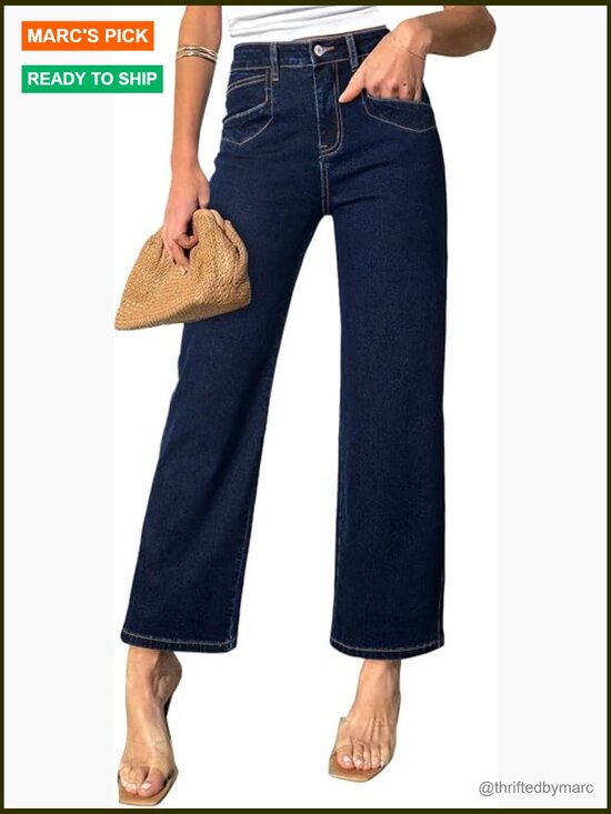 Denim - High Waisted Straight Leg Jeans Ankle Denim Stretchy with Pockets